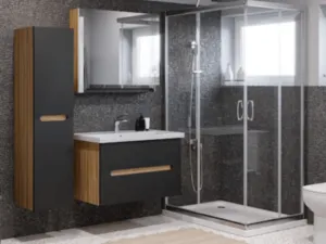 un bagno con lavandino e box doccia