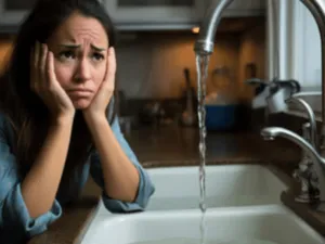 una donna guarda pensierosa il lavandino che perde