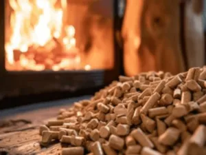 una caldaia a pellet sullo sfondo con del pellet in primo piano