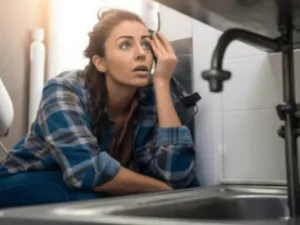 una donna guarda pensierosa il lavandino che perde